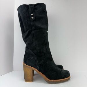 Ugg size 8 Women’s Josie Black Suede Leather Block Heel Tall Pull On Boots
